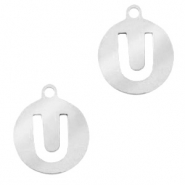 Roestvrij stalen (RVS) Stainless steel bedels 10mm initial coin U Zilver