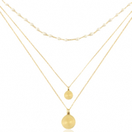 Roestvrij stalen (RVS) Stainless steel kettingen 3 layer coin & pearl Goud