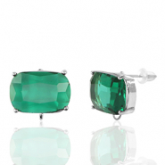 Oorbellen / oorstekers van Crystal Glass met oogje rechthoek Green-silver