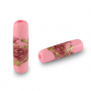 Glaskralen tube bloem Pink-rose red