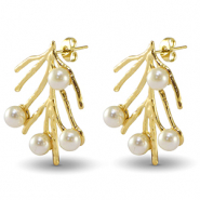 Roestvrij stalen (RVS) Stainless steel oorbellen / oorstekers zeewier imitatie parels Gold