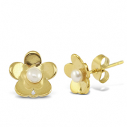 Roestvrij stalen (RVS) Stainless steel oorbellen / oorstekers parels bloem met oogje Gold