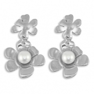 Roestvrij stalen (RVS) Stainless steel oorbellen / oorstekers bloem met imitatie parels Silver