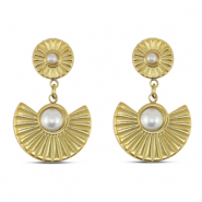 Roestvrij stalen (RVS) Stainless steel oorbellen / oorstekers waaier met imitatie parels Gold
