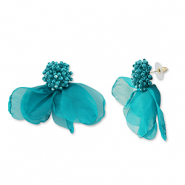 Trendy oorbellen/oorstekers chiffon bloem Teal green-gold