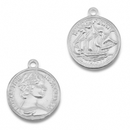 Roestvrij stalen (RVS) Stainless steel bedels munt met schip/gezicht Silver