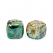 DQ Grieks keramiek kralen cube 8mm Peacock green-beige brown