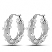 Roestvrij stalen (RVS) Stainless steel oorbellen / oorstekers creolen met imitatie parels Silver