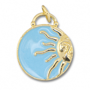 Brass TQ metaal bedels rond met zon Gold-light blue