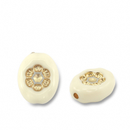 Acryl kralen ovaal met bloem Off white-gold