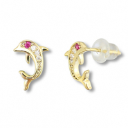 Brass TQ metaal oorbellen / oorstekers dolfijn Gold-dark pink