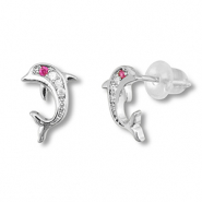 Brass TQ metaal oorbellen / oorstekers dolfijn Silver-dark pink