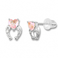 Brass TQ metaal oorbellen / oorstekers hoefijzer met hart Silver-light pink
