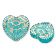 Acryl kralen hart met bloem Teal blue-gold