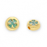 Kralen DQ metaal rond met klaver Goud-glitter turquoise (Nikkelvrij)