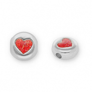 Kralen DQ metaal rond met hart Antiek zilver-glitter red (Nikkelvrij)