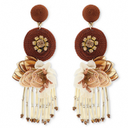 Trendy oorbellen / oorstekers met glaskralen Gold-mahogany red-mauve