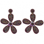 Trendy oorbellen / oorstekers met glaskralen bloem Aubergine