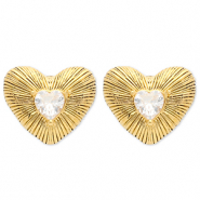 Roestvrij stalen (RVS) Stainless steel oorbellen / oorstekers hart Gold-crystal
