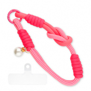 Trendy telefoonkoord met parel incl. bevestiging Neon pink-white-ivory white