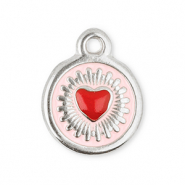 Roestvrij stalen (RVS) Stainless steel bedels rond met hart Silver-red-light pink
