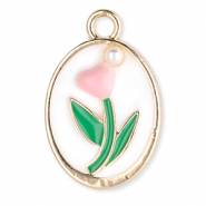 Bedels metaal ovaal met tulp met parel Gold-white-green-light pink