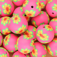 Siliconen kralen 18mm rond met handgeschilderde bloemen Neon pink-green-orange-red