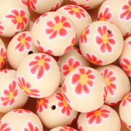 Siliconen kralen 18mm rond met handgeschilderde bloemen Nude beige-neon pink-orange