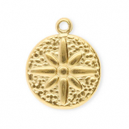 Roestvrij stalen (RVS) Stainless steel bedels rond met bloem Gold