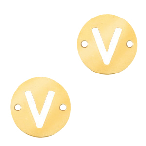 Roestvrij stalen (RVS) Stainless steel bedels tussenstuk rond 10mm initial coin V Goud