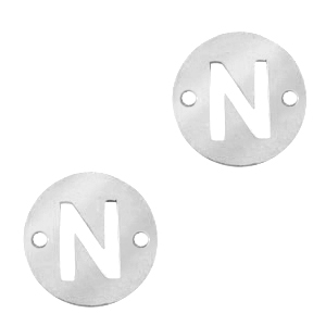 Roestvrij stalen (RVS) Stainless steel bedels tussenstuk rond 10mm initial coin N Zilver