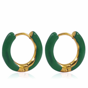 Roestvrij stalen (RVS) Stainless steel oorbellen creolen enamel 16mm Sacramento green-gold