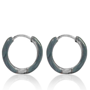 Roestvrij stalen (RVS) Stainless steel oorbellen creolen enamel 14mm Blue grey-silver