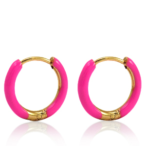 Roestvrij stalen (RVS) Stainless steel oorbellen creolen enamel 17mm Berry pink-gold