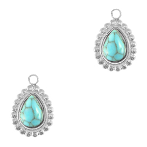Roestvrij stalen (RVS) Stainless steel bedels druppel met natuursteen Silver-turquoise