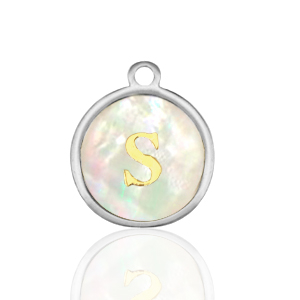 Roestvrij stalen (RVS) Stainless steel bedels 12mm shell initial S White (natuurlijke kleur)-silver