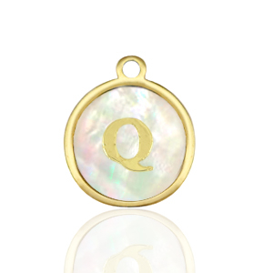 Roestvrij stalen (RVS) Stainless steel bedels 12mm shell initial Q White (natuurlijke kleur)-gold