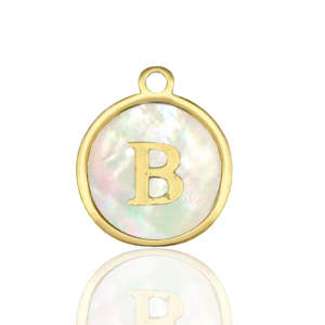 Roestvrij stalen (RVS) Stainless steel bedels 12mm shell initial B White (natuurlijke kleur)-gold