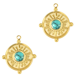 Roestvrij stalen (RVS) Stainless steel bedels met natuursteen Gold-turquoise blue