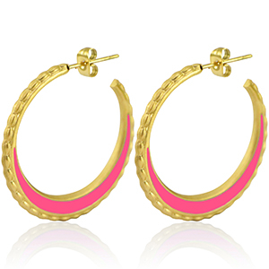 Roestvrij stalen (RVS) Stainless steel oorbellen creolen 30mm Gold-magenta