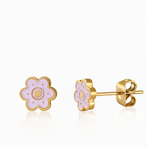 Roestvrij stalen (RVS) Stainless steel oorbellen flower Lilac-gold