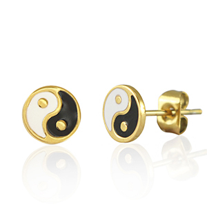 Roestvrij stalen (RVS) Stainless steel oorbellen / oorstekers Yin & Yang 7mm Goud-zwart wit