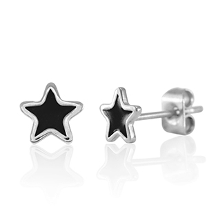 Roestvrij stalen (RVS) Stainless steel oorbellen / oorstekers ster Zilver-zwart