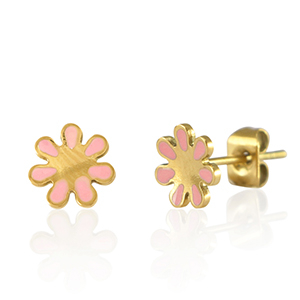 Roestvrij stalen (RVS) Stainless steel oorbellen / oorstekers bloem Goud-roze