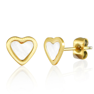Roestvrij stalen (RVS) Stainless steel oorbellen / oorstekers hart Goud-parelwit