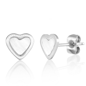 Roestvrij stalen (RVS) Stainless steel oorbellen / oorstekers hart Zilver-parelwit