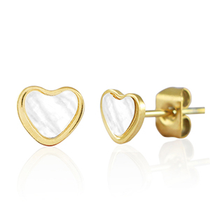 Roestvrij stalen (RVS) Stainless steel oorbellen / oorstekers hart Goud-parelwit