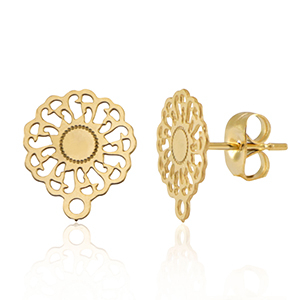 Roestvrij stalen (RVS) Stainless steel onderdelen oorbellen / oorstekers 14mm bloem met oogje Gold