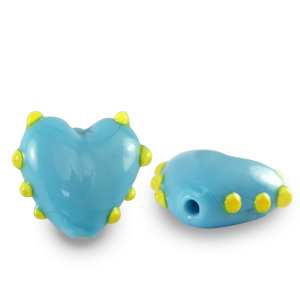 Handgeschilderde glaskralen hart dots Cyan blue-yellow