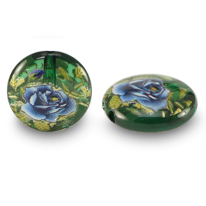 Glaskralen 14mm bloem Green transparent-blue